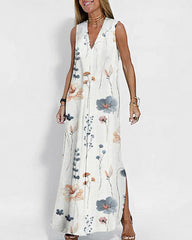 Geometric Color Block Dress Regular Fit Sleeveless Tank Dress Split Neck Print Long Dress