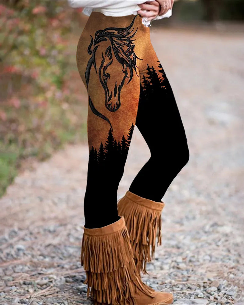 Halloween Black Forest Horse Lover Print Cozy Leggings