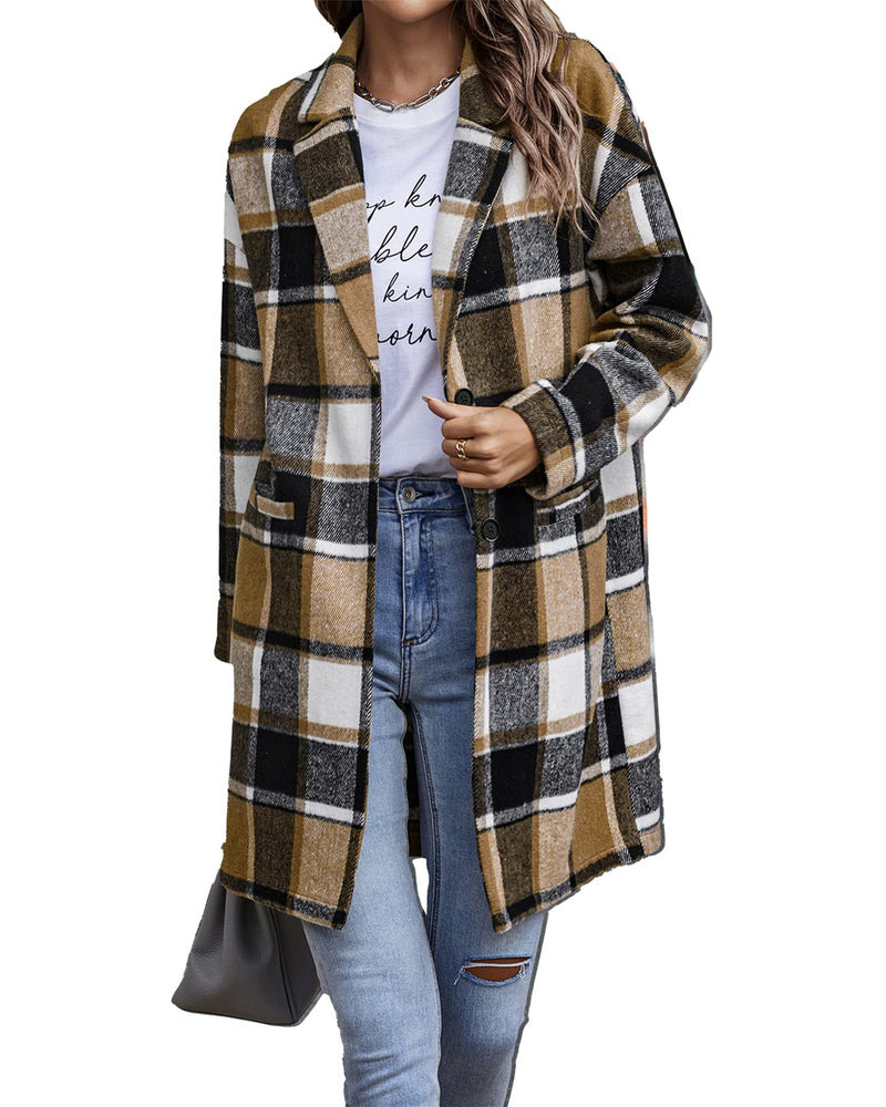Zeagoo Women 2023 Plaid Jacket Mid Length Trench Coat Fall Wool Pea Coat with Pockets
