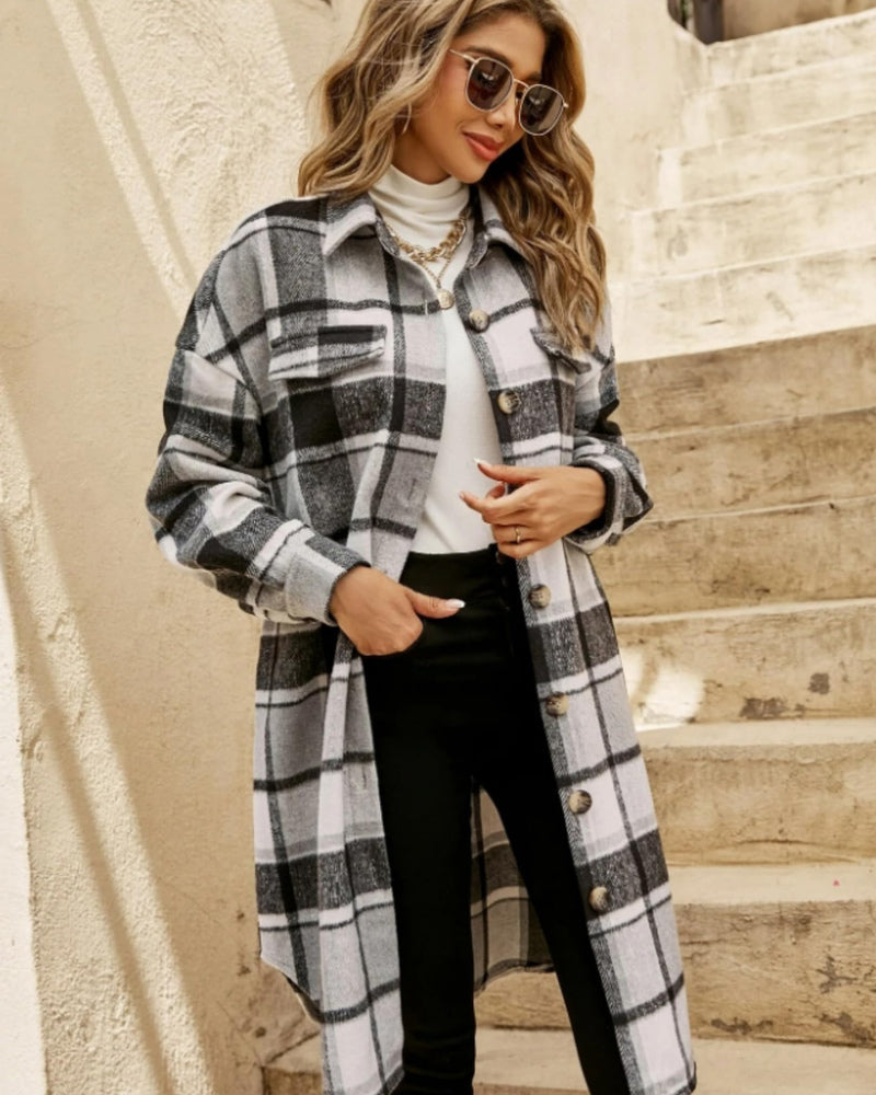 Zeagoo Women's 2023 Plaid Shacket Jacket Long Button Down Shirts Fall Casual Oversized Coat