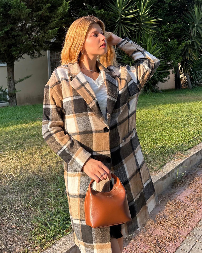 Zeagoo Women 2023 Plaid Jacket Mid Length Trench Coat Fall Wool Pea Coat with Pockets