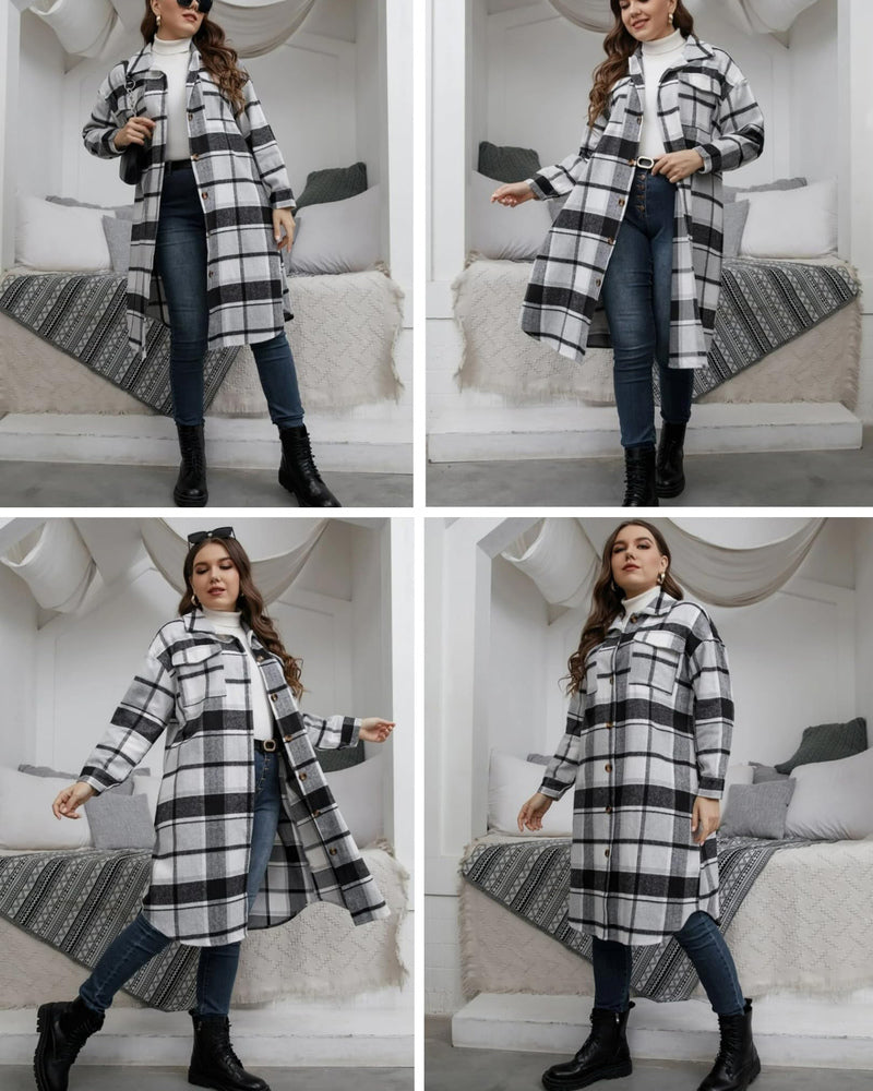 Zeagoo Women's 2023 Plaid Shacket Jacket Long Button Down Shirts Fall Casual Oversized Coat