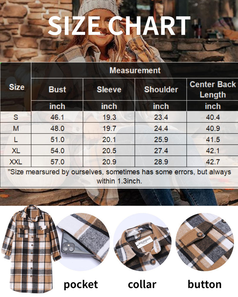 Zeagoo Women's 2023 Plaid Shacket Jacket Long Button Down Shirts Fall Casual Oversized Coat