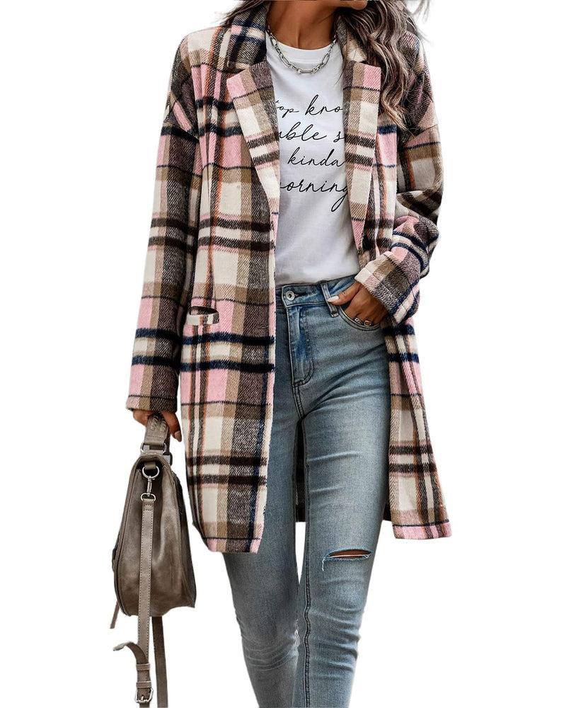 Zeagoo Women 2023 Plaid Jacket Mid Length Trench Coat Fall Wool Pea Coat with Pockets
