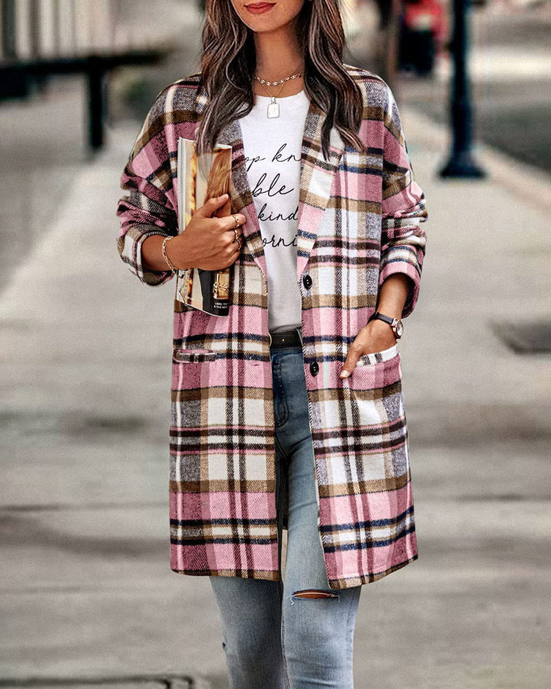 Zeagoo Women 2023 Plaid Jacket Mid Length Trench Coat Fall Wool Pea Coat with Pockets