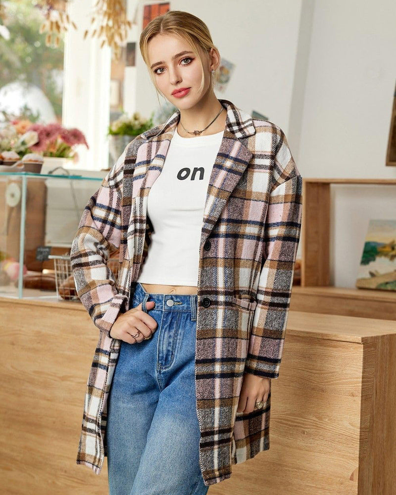 Zeagoo Women 2023 Plaid Jacket Mid Length Trench Coat Fall Wool Pea Coat with Pockets