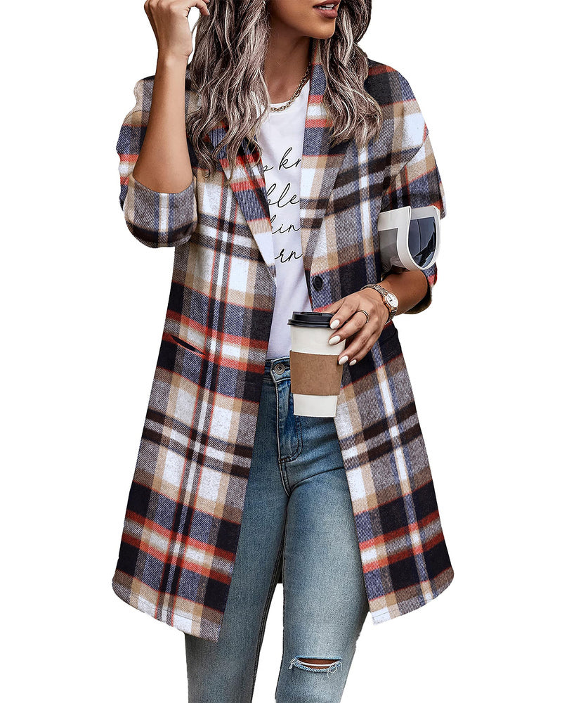 Zeagoo Women 2023 Plaid Jacket Mid Length Trench Coat Fall Wool Pea Coat with Pockets
