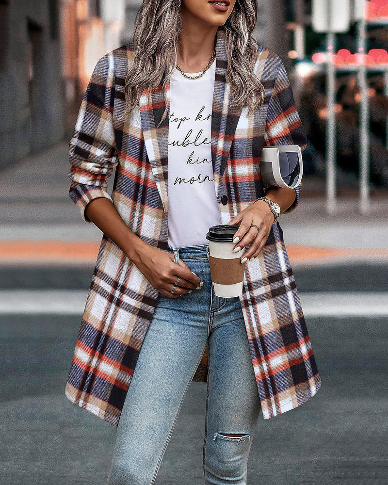 Zeagoo Women 2023 Plaid Jacket Mid Length Trench Coat Fall Wool Pea Coat with Pockets