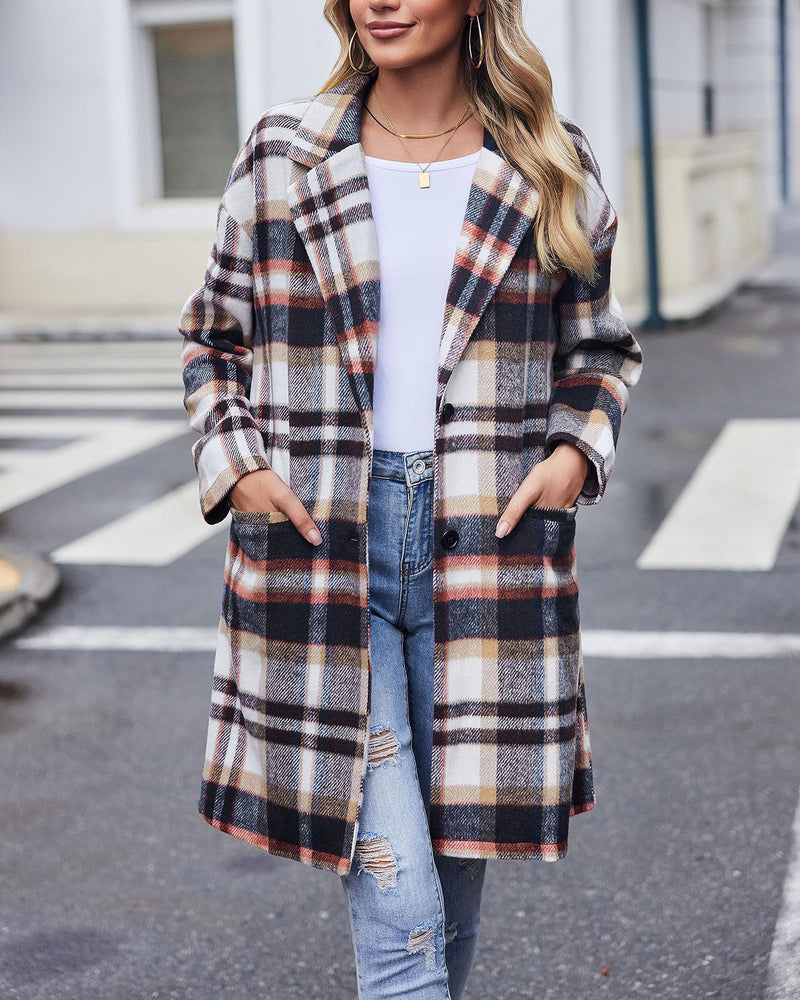 Zeagoo Women 2023 Plaid Jacket Mid Length Trench Coat Fall Wool Pea Coat with Pockets