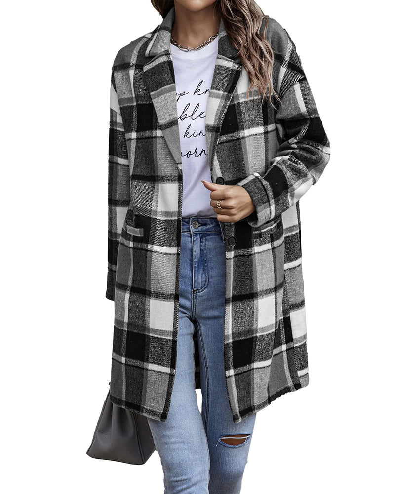 Zeagoo Women 2023 Plaid Jacket Mid Length Trench Coat Fall Wool Pea Coat with Pockets
