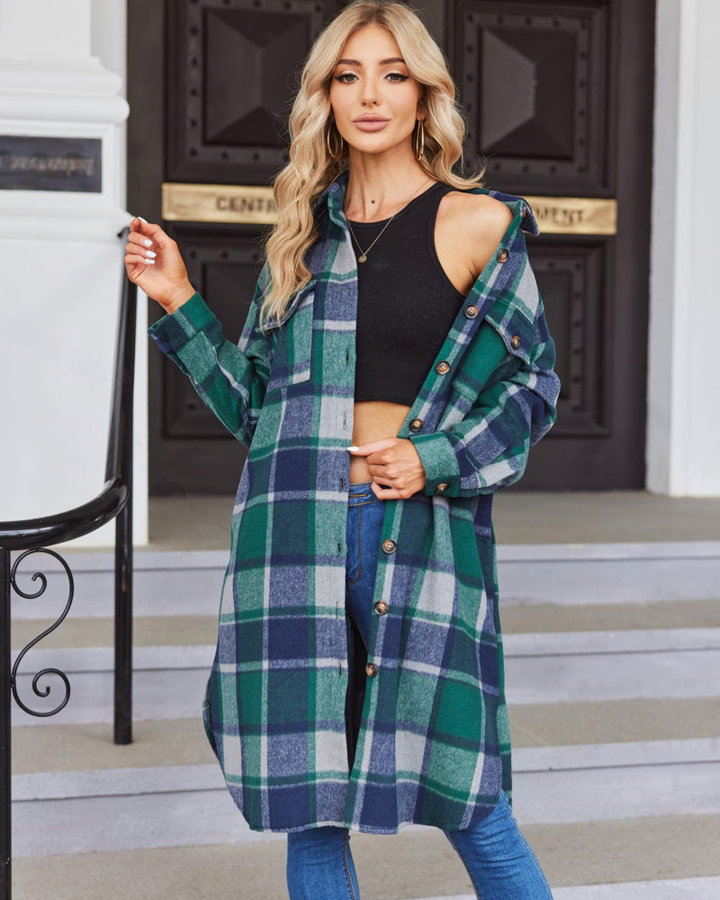 Zeagoo Women's 2023 Plaid Shacket Jacket Long Button Down Shirts Fall Casual Oversized Coat