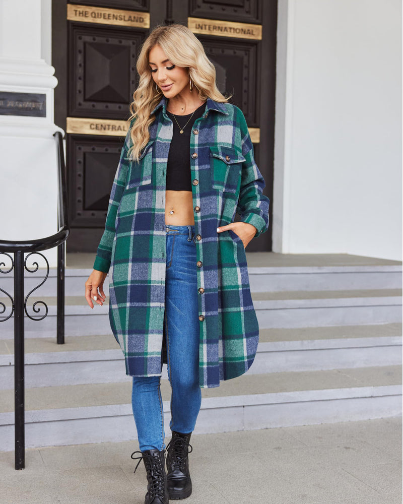 Zeagoo Women's 2023 Plaid Shacket Jacket Long Button Down Shirts Fall Casual Oversized Coat