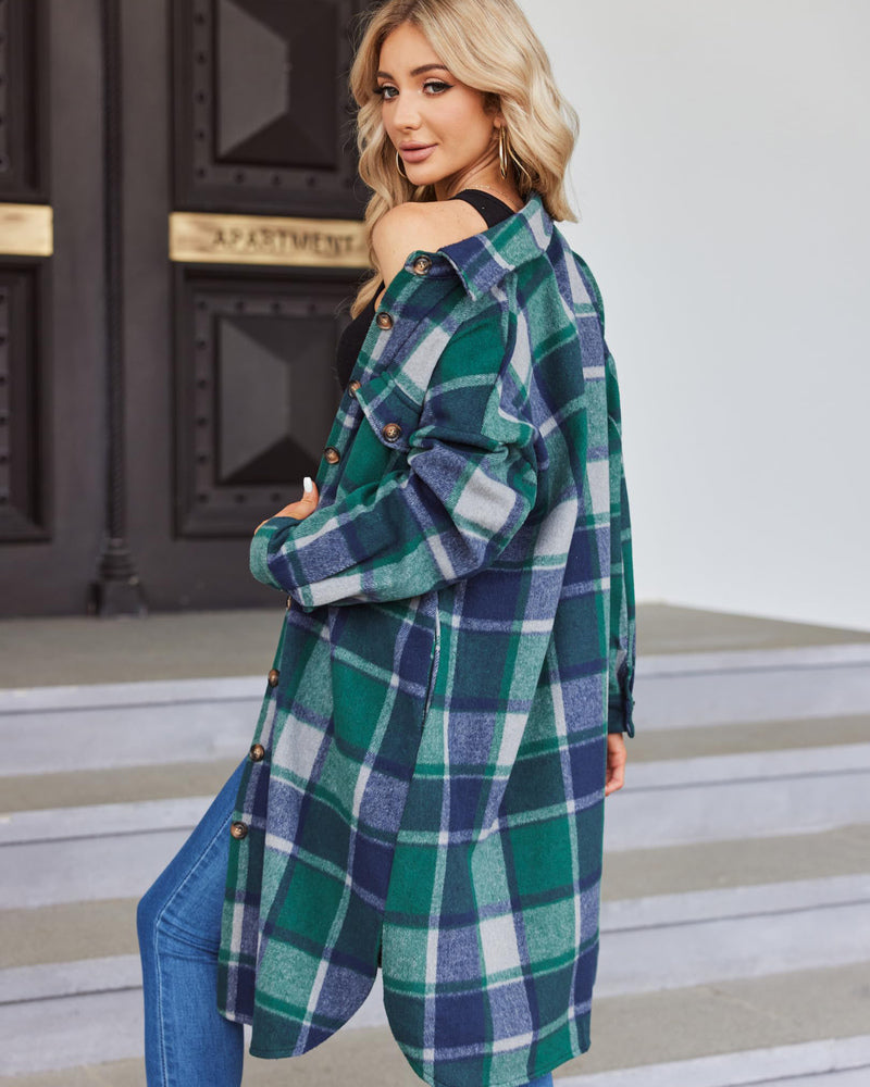 Zeagoo Women's 2023 Plaid Shacket Jacket Long Button Down Shirts Fall Casual Oversized Coat