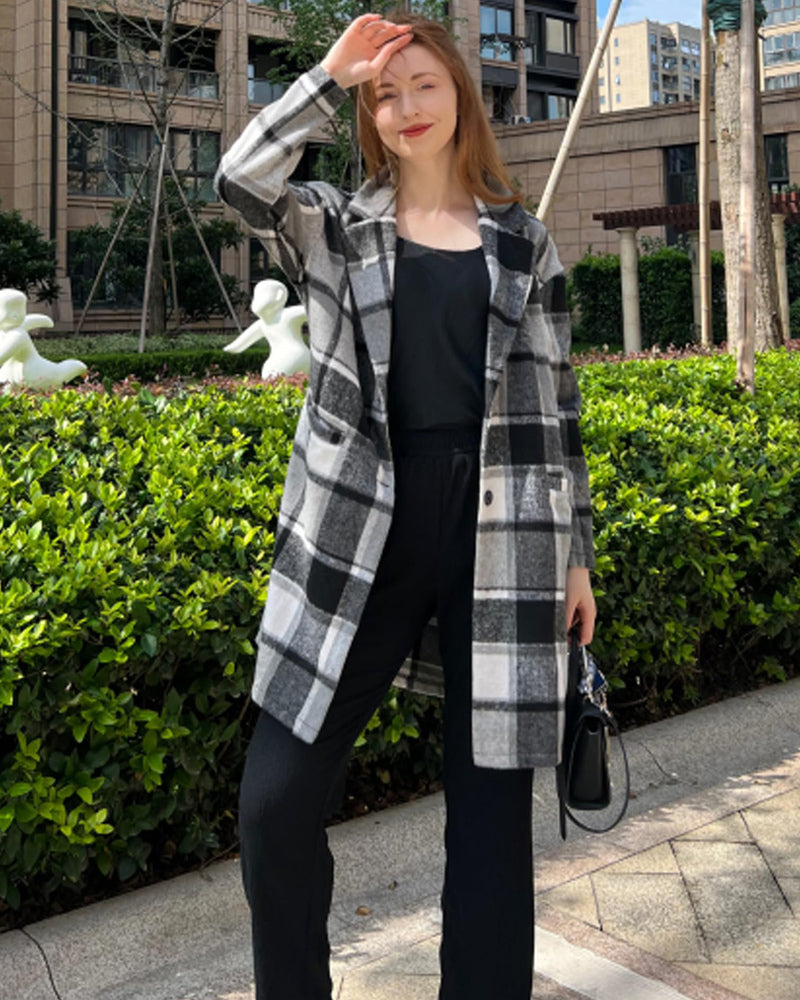 Zeagoo Women 2023 Plaid Jacket Mid Length Trench Coat Fall Wool Pea Coat with Pockets