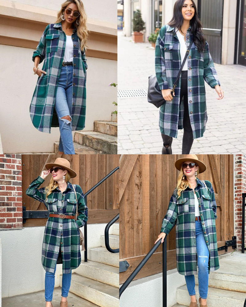 Zeagoo Women's 2023 Plaid Shacket Jacket Long Button Down Shirts Fall Casual Oversized Coat