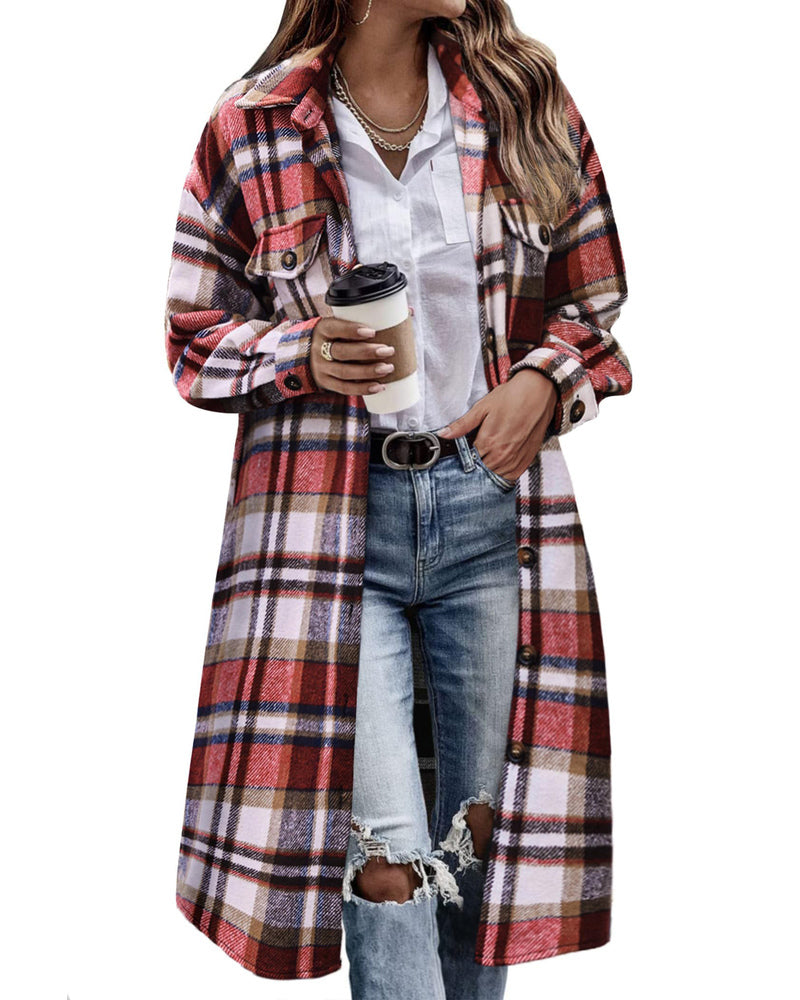 Zeagoo Women's 2023 Plaid Shacket Jacket Long Button Down Shirts Fall Casual Oversized Coat