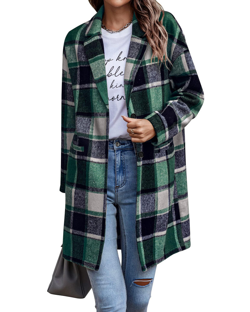 Zeagoo Women 2023 Plaid Jacket Mid Length Trench Coat Fall Wool Pea Coat with Pockets