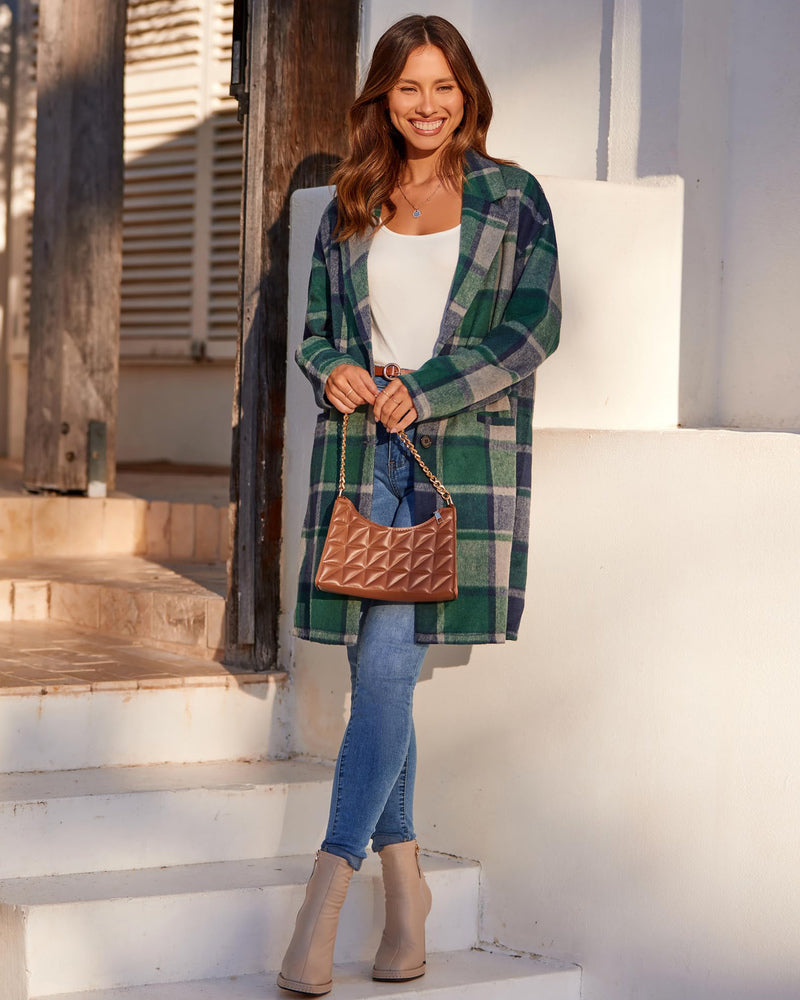 Zeagoo Women 2023 Plaid Jacket Mid Length Trench Coat Fall Wool Pea Coat with Pockets