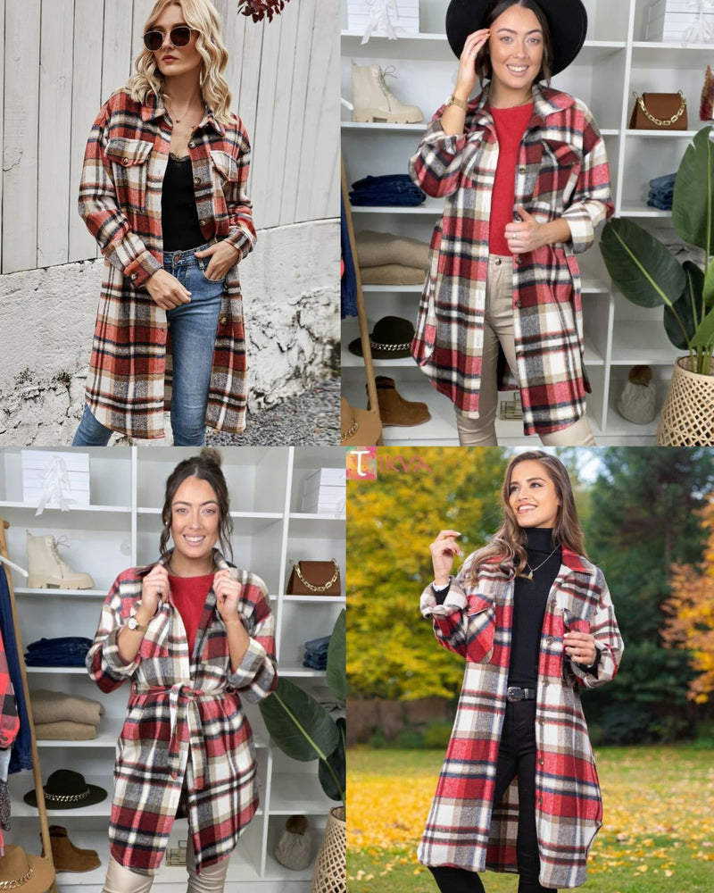 Zeagoo Women's 2023 Plaid Shacket Jacket Long Button Down Shirts Fall Casual Oversized Coat