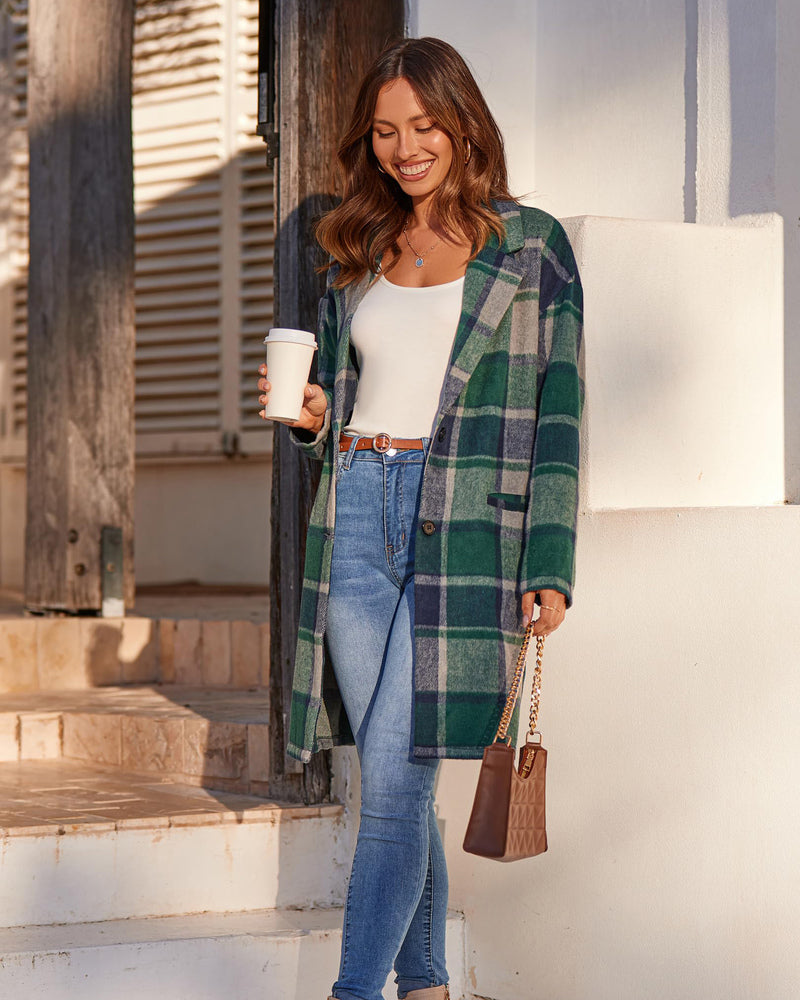 Zeagoo Women 2023 Plaid Jacket Mid Length Trench Coat Fall Wool Pea Coat with Pockets