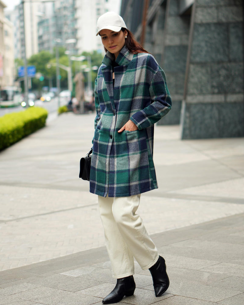Zeagoo Women 2023 Plaid Jacket Mid Length Trench Coat Fall Wool Pea Coat with Pockets