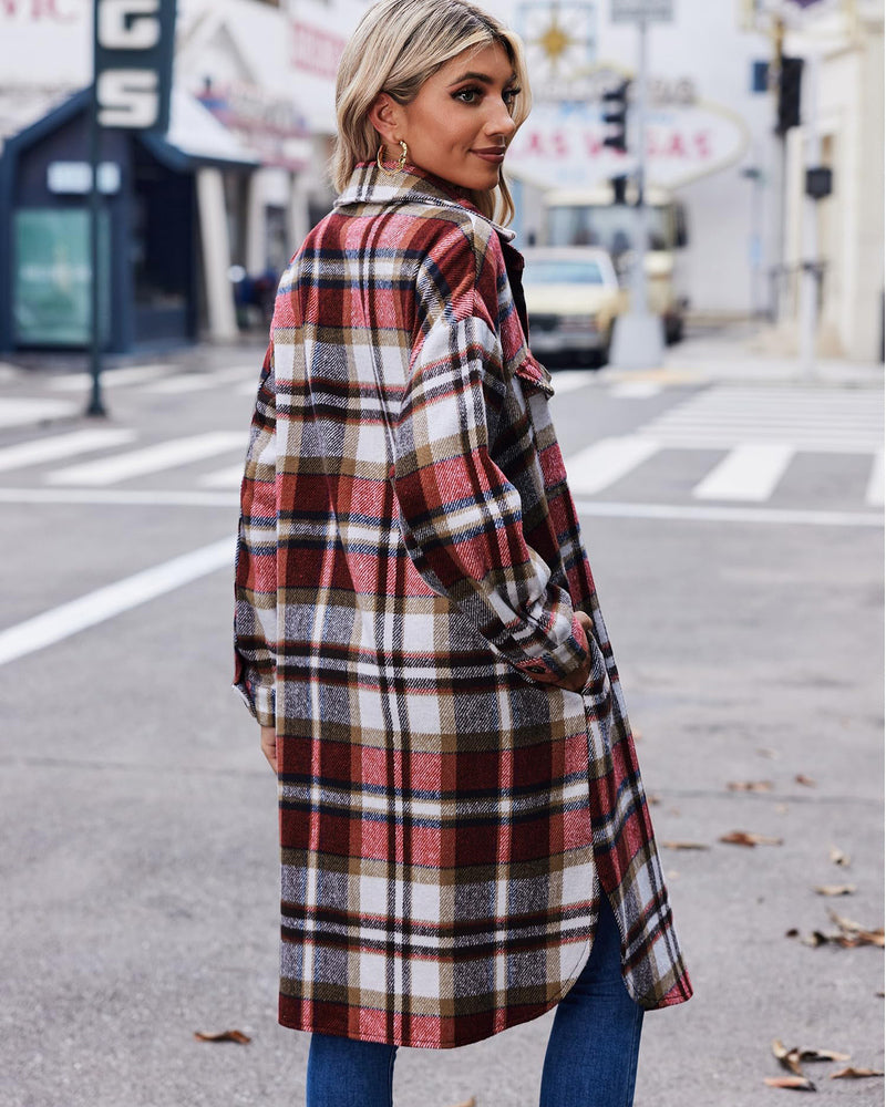 Zeagoo Women's 2023 Plaid Shacket Jacket Long Button Down Shirts Fall Casual Oversized Coat