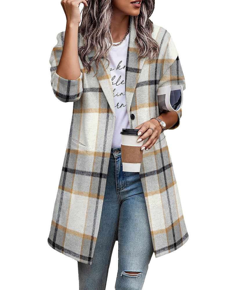 Zeagoo Women 2023 Plaid Jacket Mid Length Trench Coat Fall Wool Pea Coat with Pockets