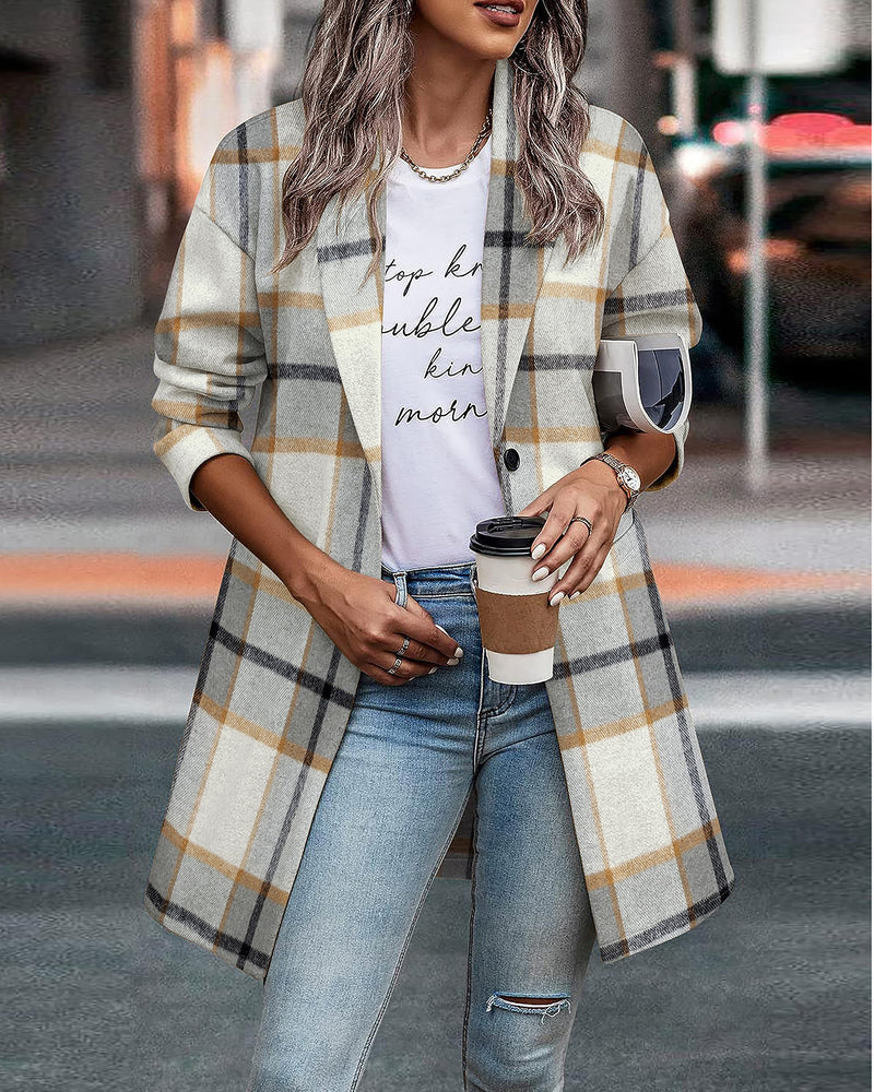 Zeagoo Women 2023 Plaid Jacket Mid Length Trench Coat Fall Wool Pea Coat with Pockets
