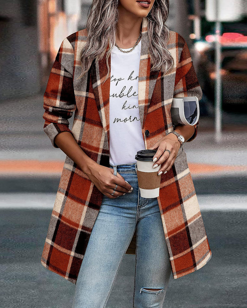 Zeagoo Women 2023 Plaid Jacket Mid Length Trench Coat Fall Wool Pea Coat with Pockets