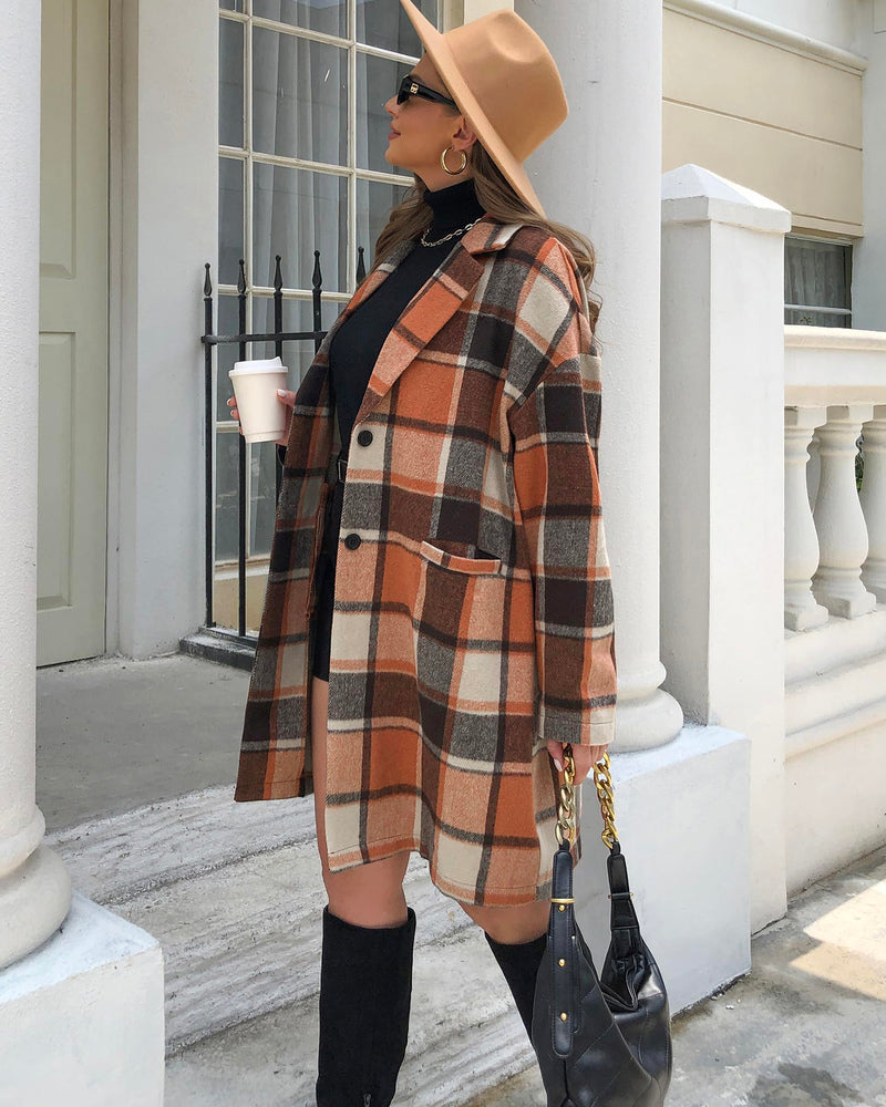 Zeagoo Women 2023 Plaid Jacket Mid Length Trench Coat Fall Wool Pea Coat with Pockets