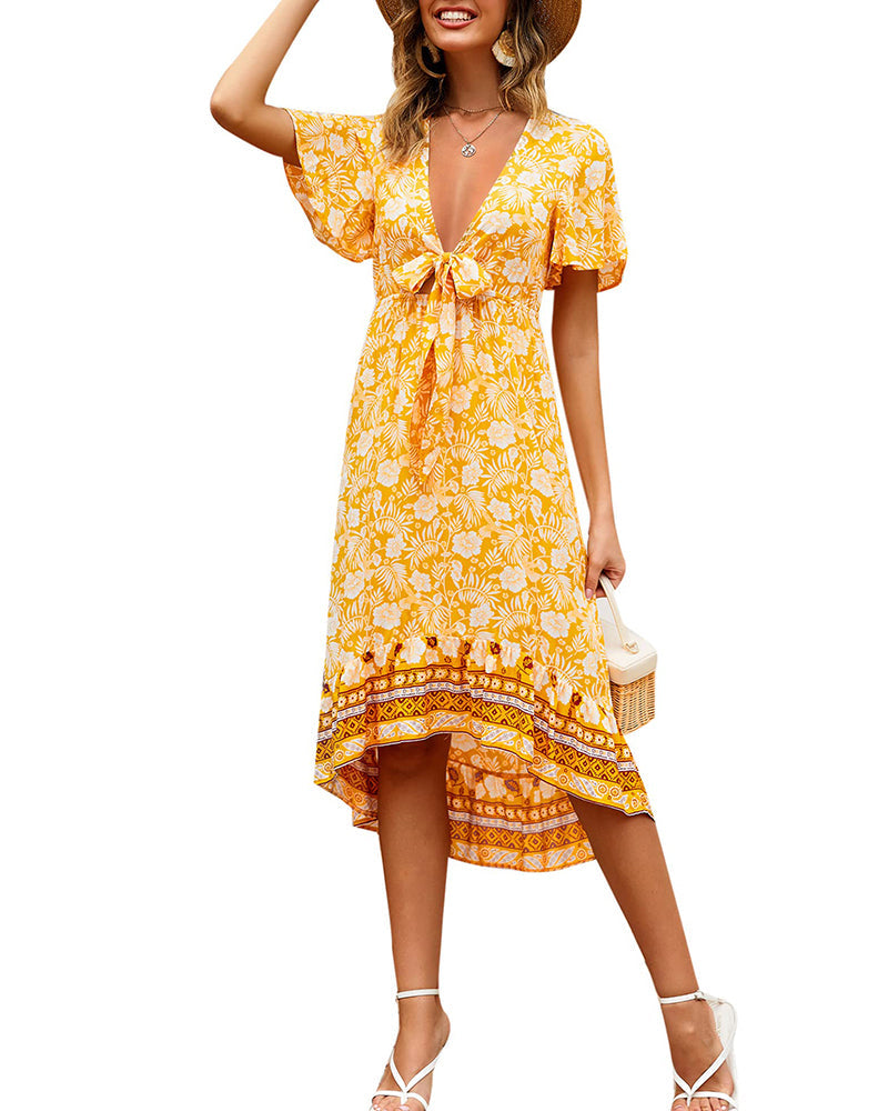 Bohemian Floral Tie Front V Neck Midi Dresses - Zeagoo (Us Only)