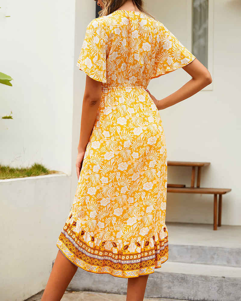 Bohemian Floral Tie Front V Neck Midi Dresses - Zeagoo (Us Only)