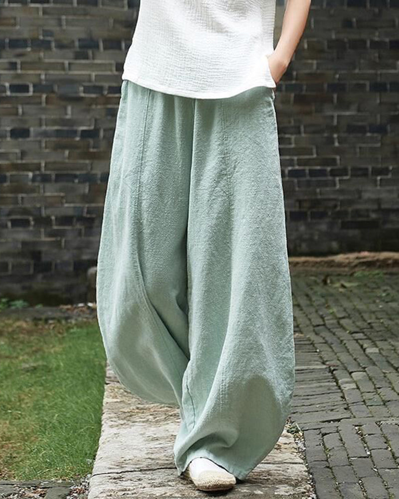 Casual Cotton Linen Baggy Pants with Elastic Waist Relax Fit Lantern Trouser