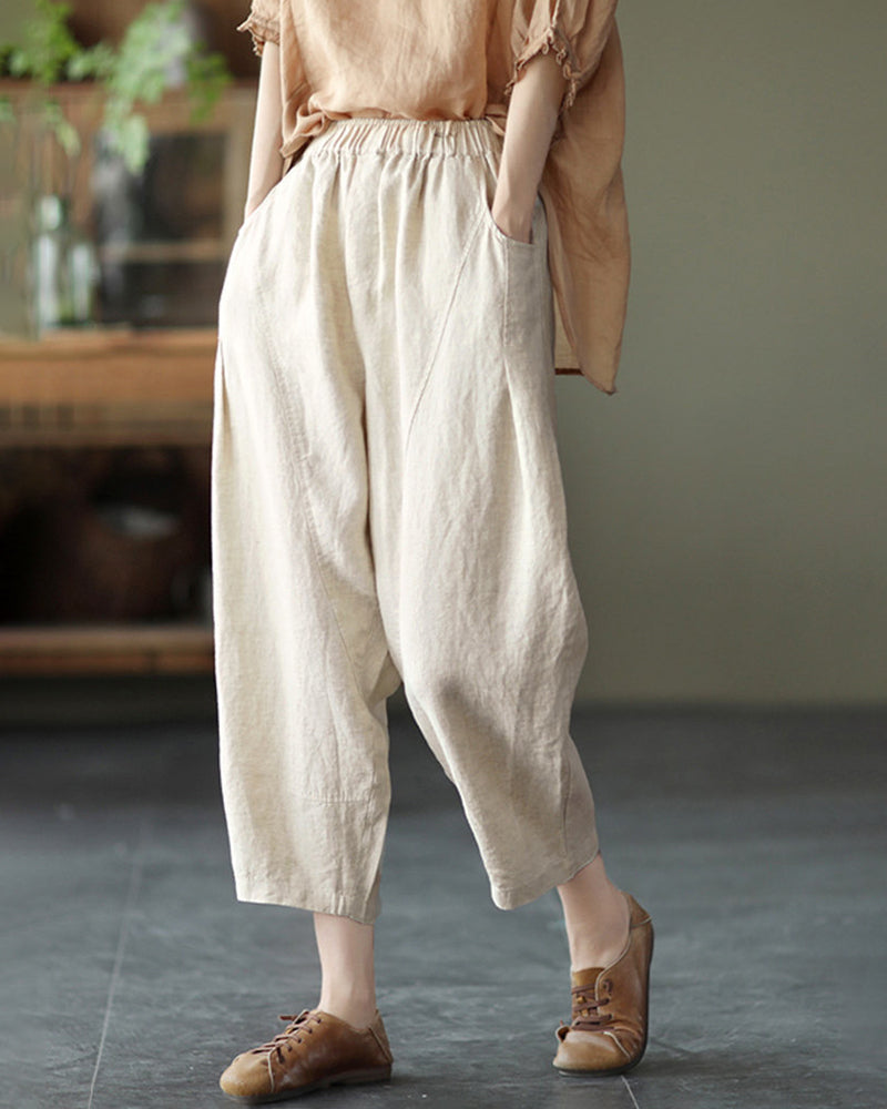 Loose Stitching Solid Color Elastic Waist Cropped Harem Pants