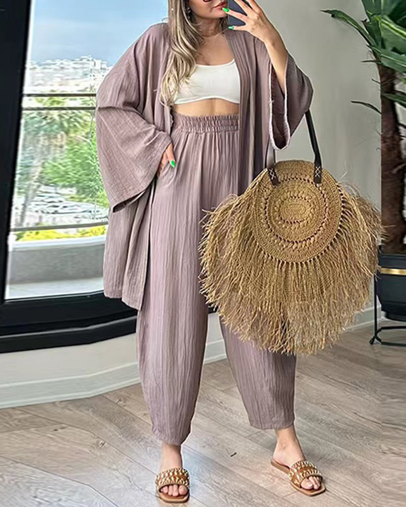 Casual Comfort Set Loose Cardigan Top & High-Waist Wide-Leg Pants with Pockets