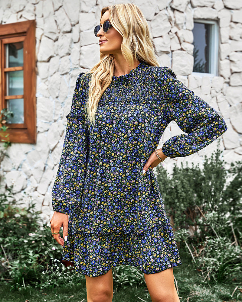 Long Sleeve Dress Boho Floral Ruffle High Neck Mini Dress Casual Loose Pleated Flowy Dresses