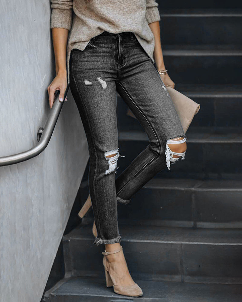 Ripped Stretch Skinny Jeans Mid Waist Distressed Denim Pants