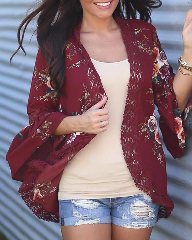 Flare Sleeve Floral Print Lace Blouse Cardigan