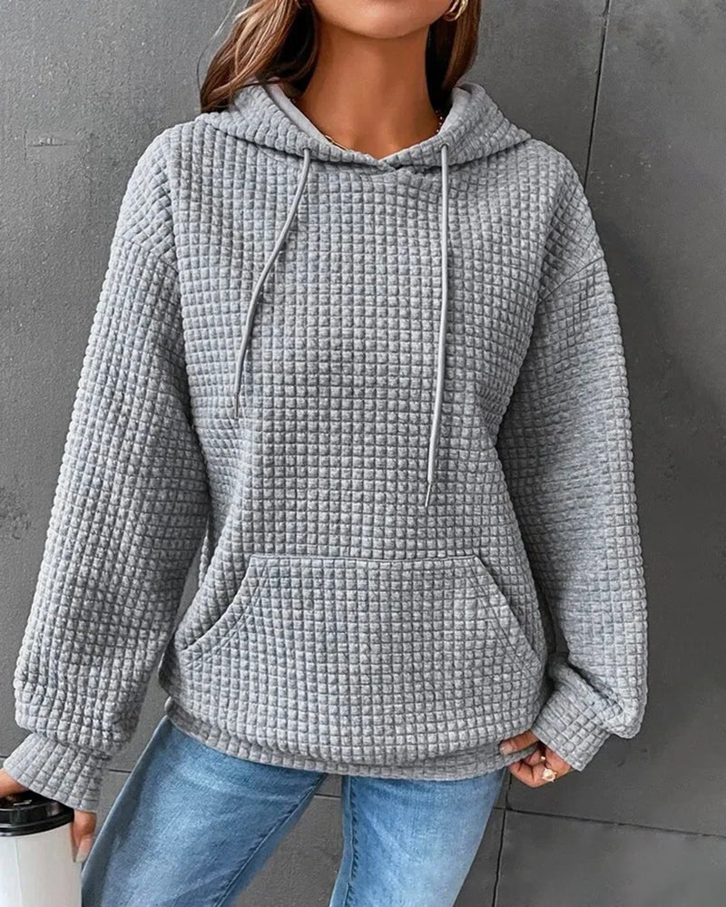 Casual Long Sleeve Waffle Hoodie Drawstring Pullover Sweatshirts Crop Top with Pockets