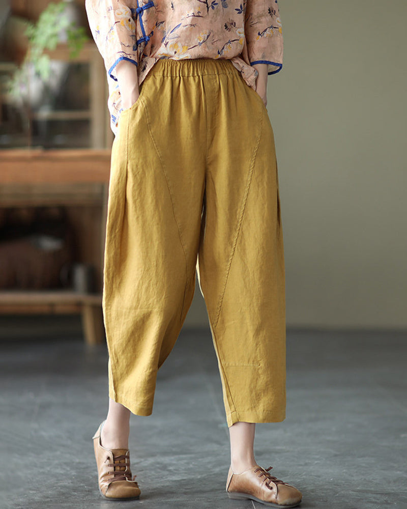 Loose Stitching Solid Color Elastic Waist Cropped Harem Pants