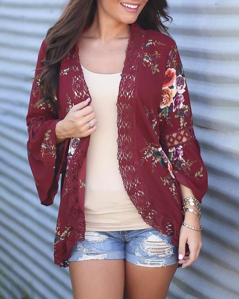 Flare Sleeve Floral Print Lace Blouse Cardigan