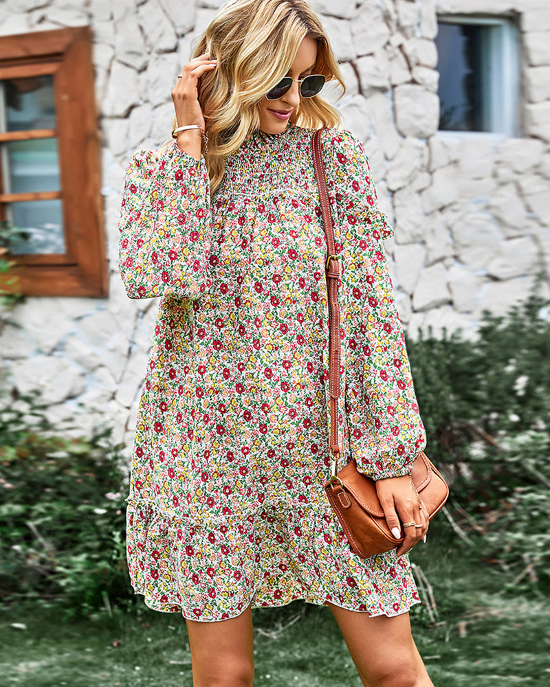 Long Sleeve Dress Boho Floral Ruffle High Neck Mini Dress Casual Loose Pleated Flowy Dresses