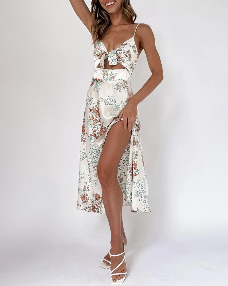 Spaghetti Strap Midi Dresses Sexy Deep V Neck Backless Floral Print Side Slit Maxi Dress