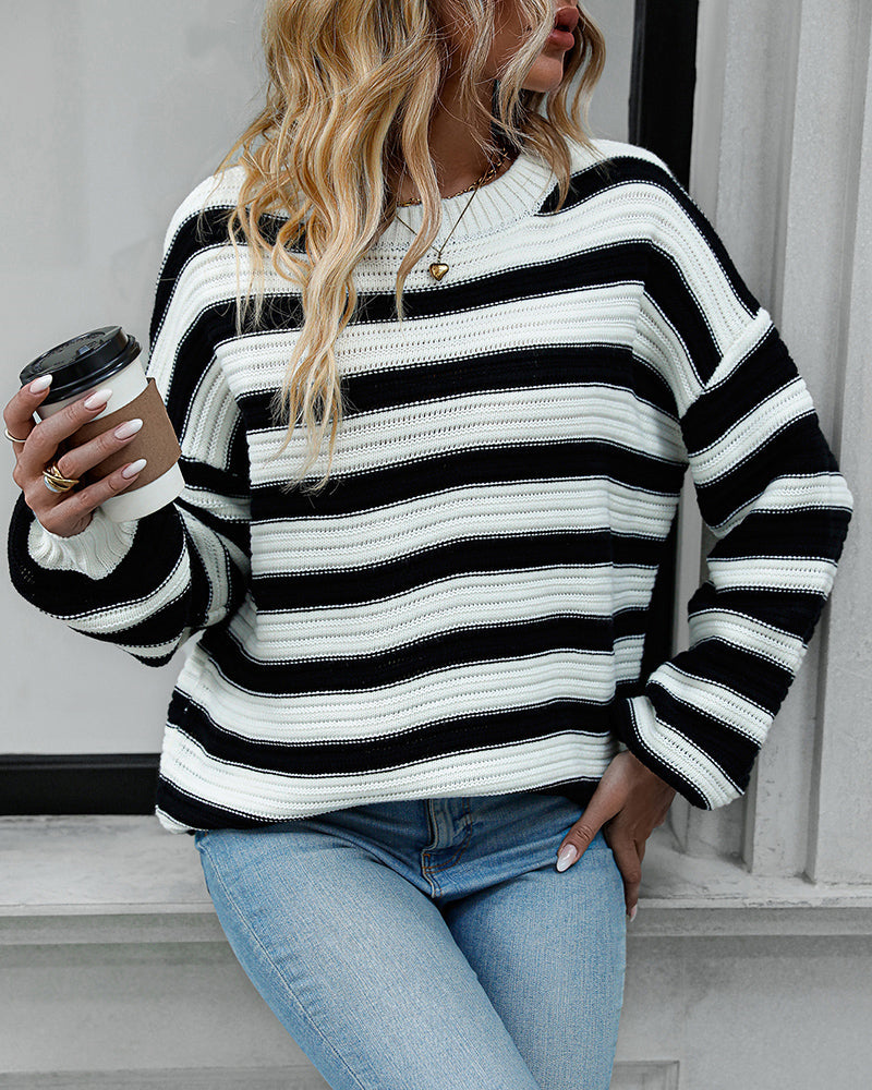 Striped Sweater Women Knitted Crew Neck Pullover Sweater