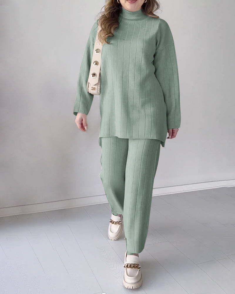 Solid Color Turtleneck Mid-length Casual Two-piece Sweater Set