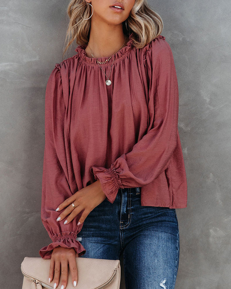 Ruffle Long Sleeve T-Shirt Crewneck Top