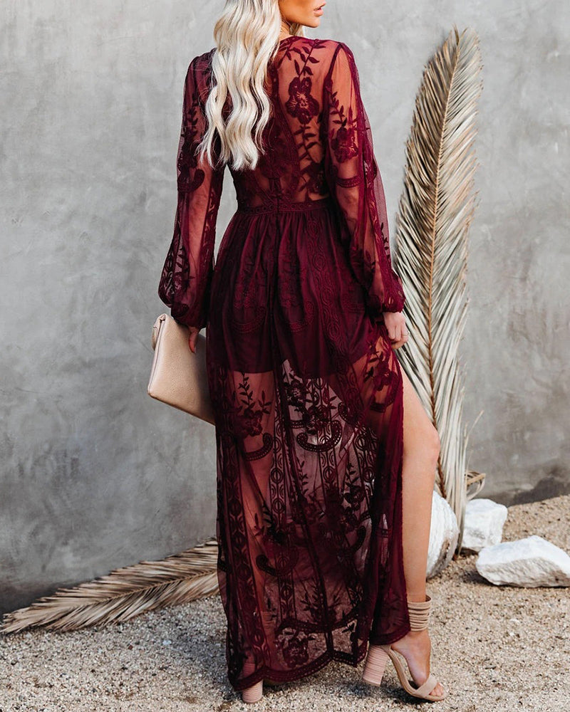 Floral Embroidery Lace Long Dress Deep V Neck Long Sleeve See Through Slit Elegant Holiday Dress