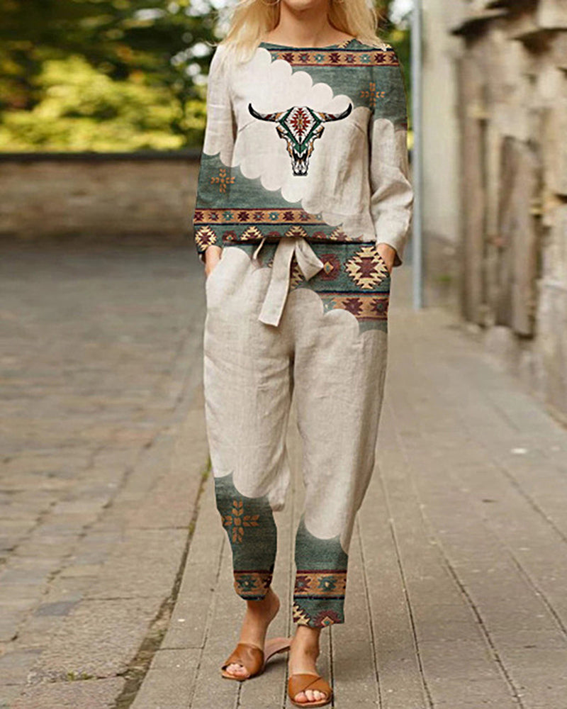 Two Piece Outfits Long Sleeve Crewneck Pullover Tops and Long Pants Print Casual Tracksuit