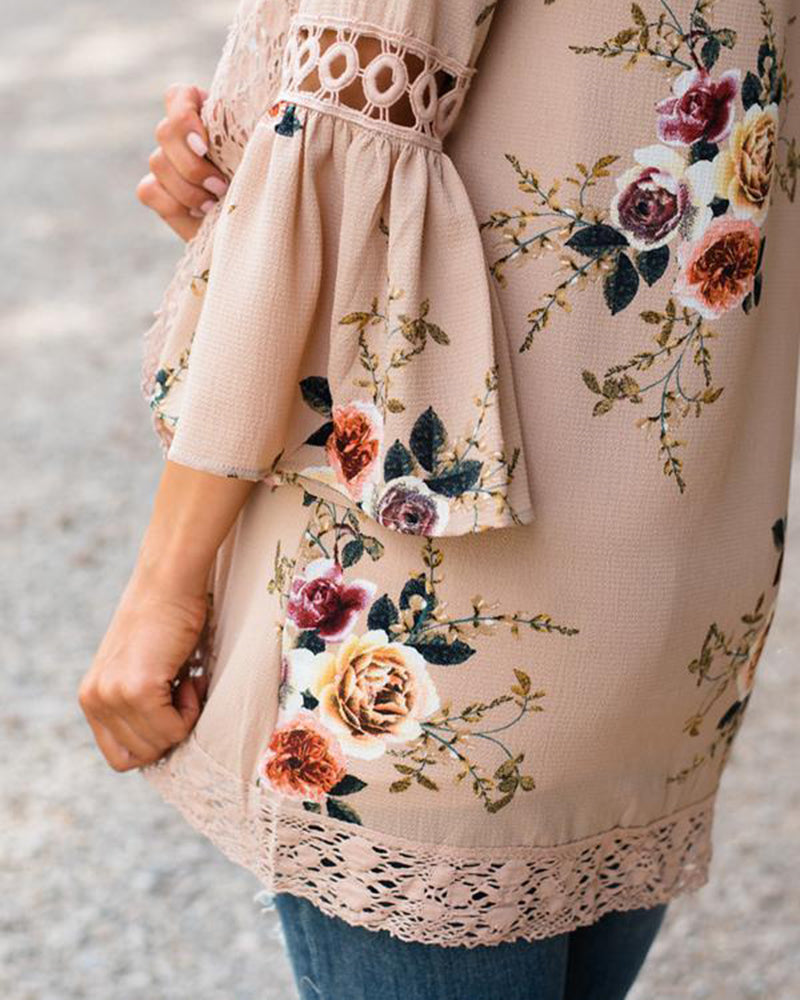 Flare Sleeve Floral Print Lace Blouse Cardigan