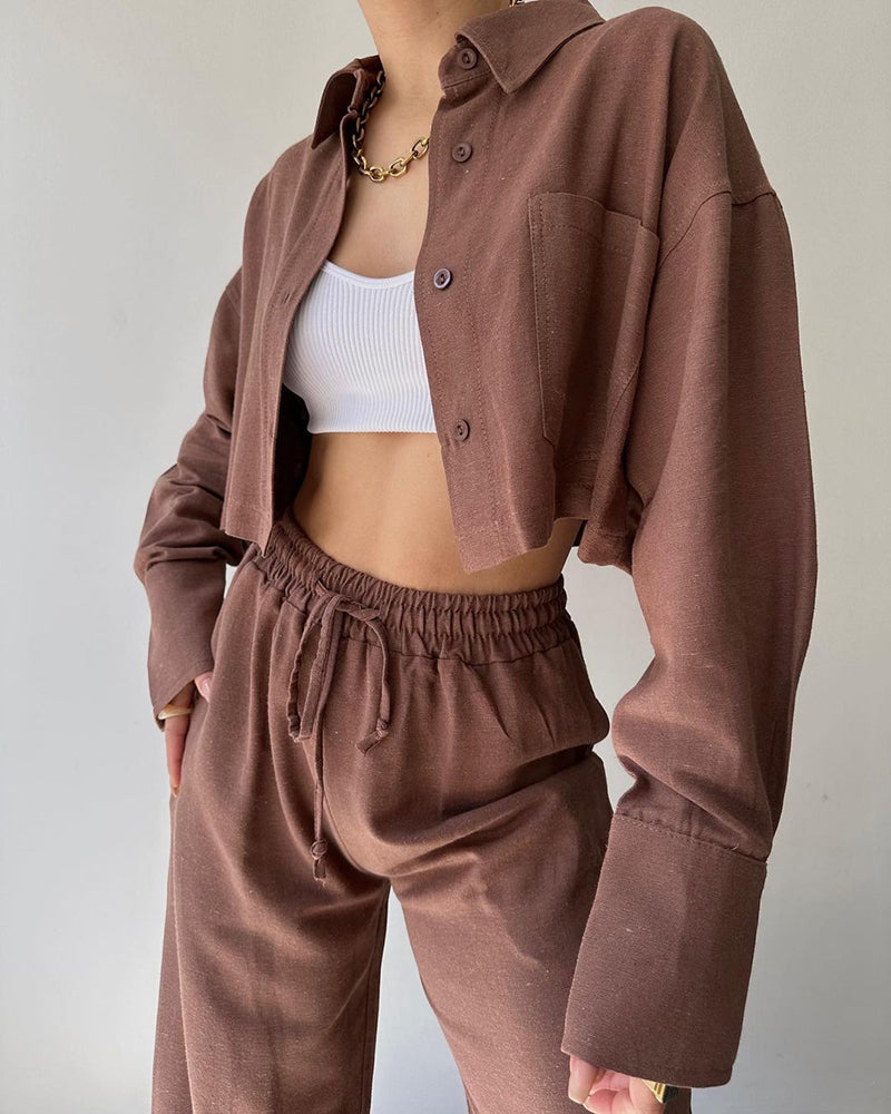 Two Piece Outfits Casual Lounge Sets Long Sleeve Short Casual Shirt with Drawstring Trousers Set